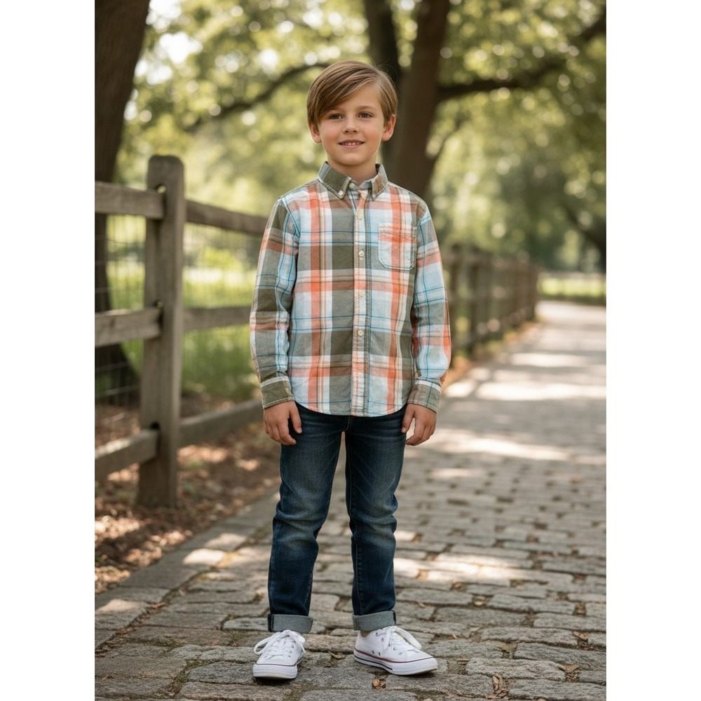 Carter's Kids Sz 7 Plaid Button Down Shirt Orange Blue Green Long Sleeve Cotton